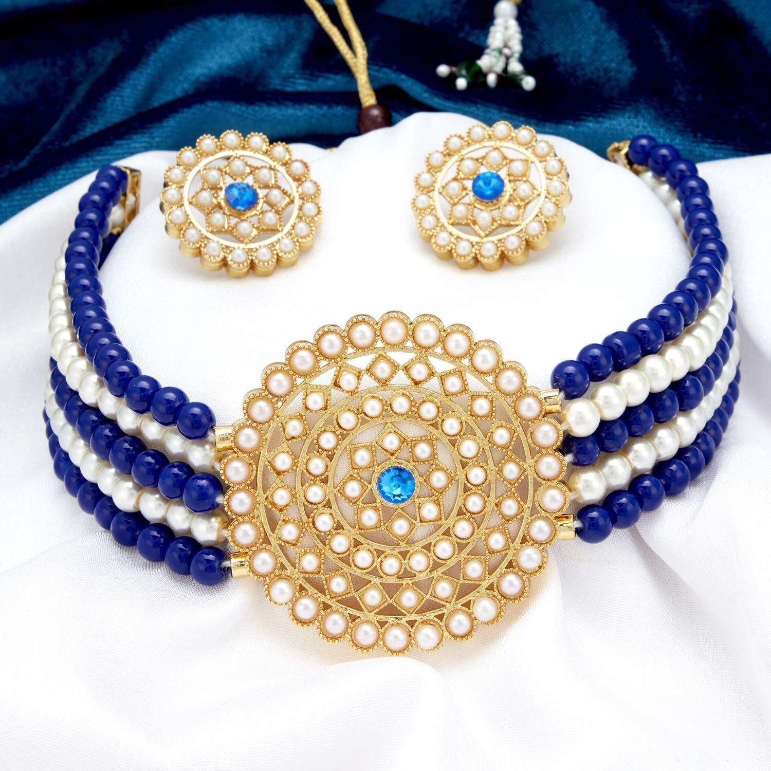 Sukkhi Classic Gold Plated Dark Blue & White Pearl Choker Necklace Set with Stud Earring for Women