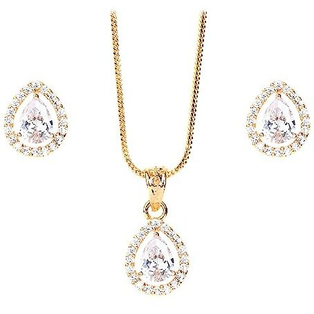 XPNSV Jewelry Luxury Pendant Gift Set for Women, Girls & Her | Pendant with 2 Earrings, Option in 10 Different Color & Design with Gold Silver Princess Cut Round Heart and Oval (Gold, Tear Drop)