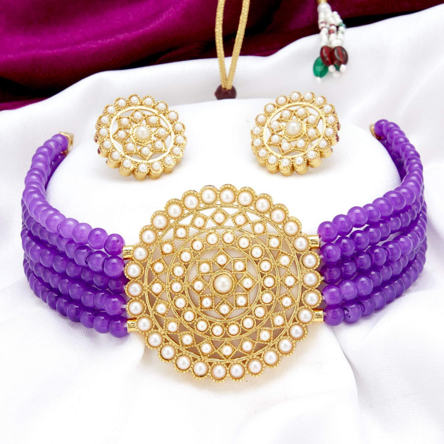 Sukkhi Equisite Gold Plated Purple Pearl Choker Necklace Set with Stud Earring for Women