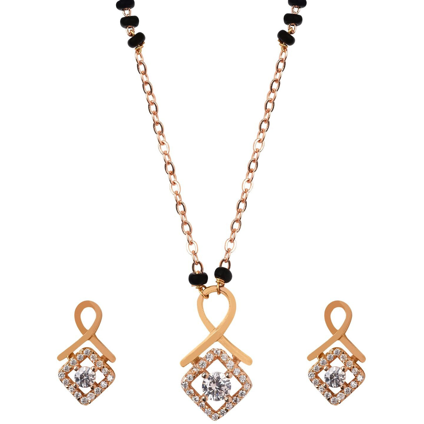 XPNSV Luxury Jewelry Gold Plated Pendant Gift Set Mangalsutra for Women, Girl & Her (Amour Solitaire American Diamond Mangalsutra with Earrings)