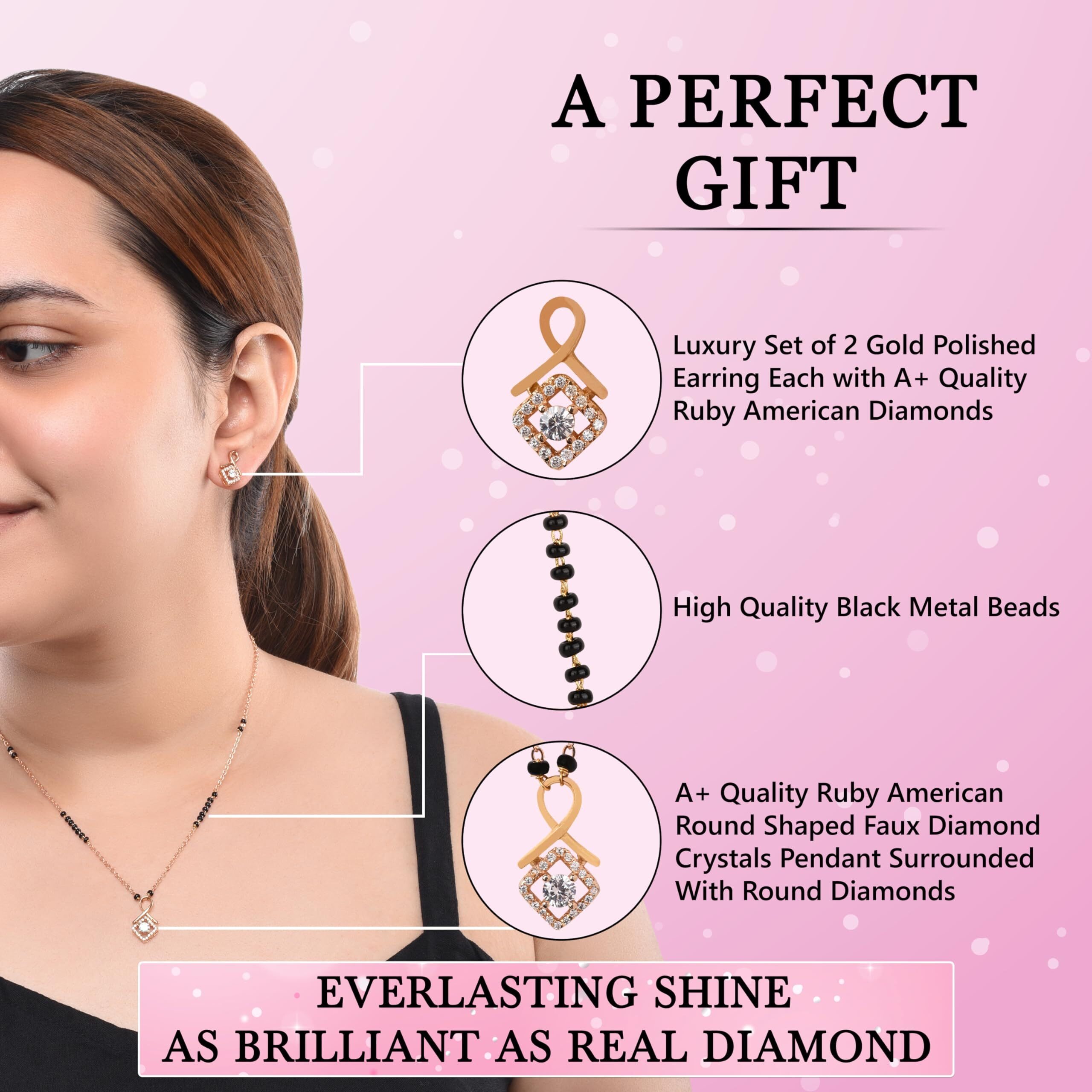 XPNSV Luxury Jewelry Gold Plated Pendant Gift Set Mangalsutra for Women, Girl & Her (Amour Solitaire American Diamond Mangalsutra with Earrings)