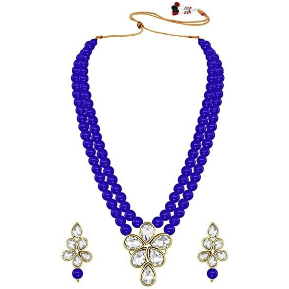 I Jewels 18k Gold Plated Traditional Kundan & Pearl Studded Necklace Jewellery Set For Women (ML311) (Blue)