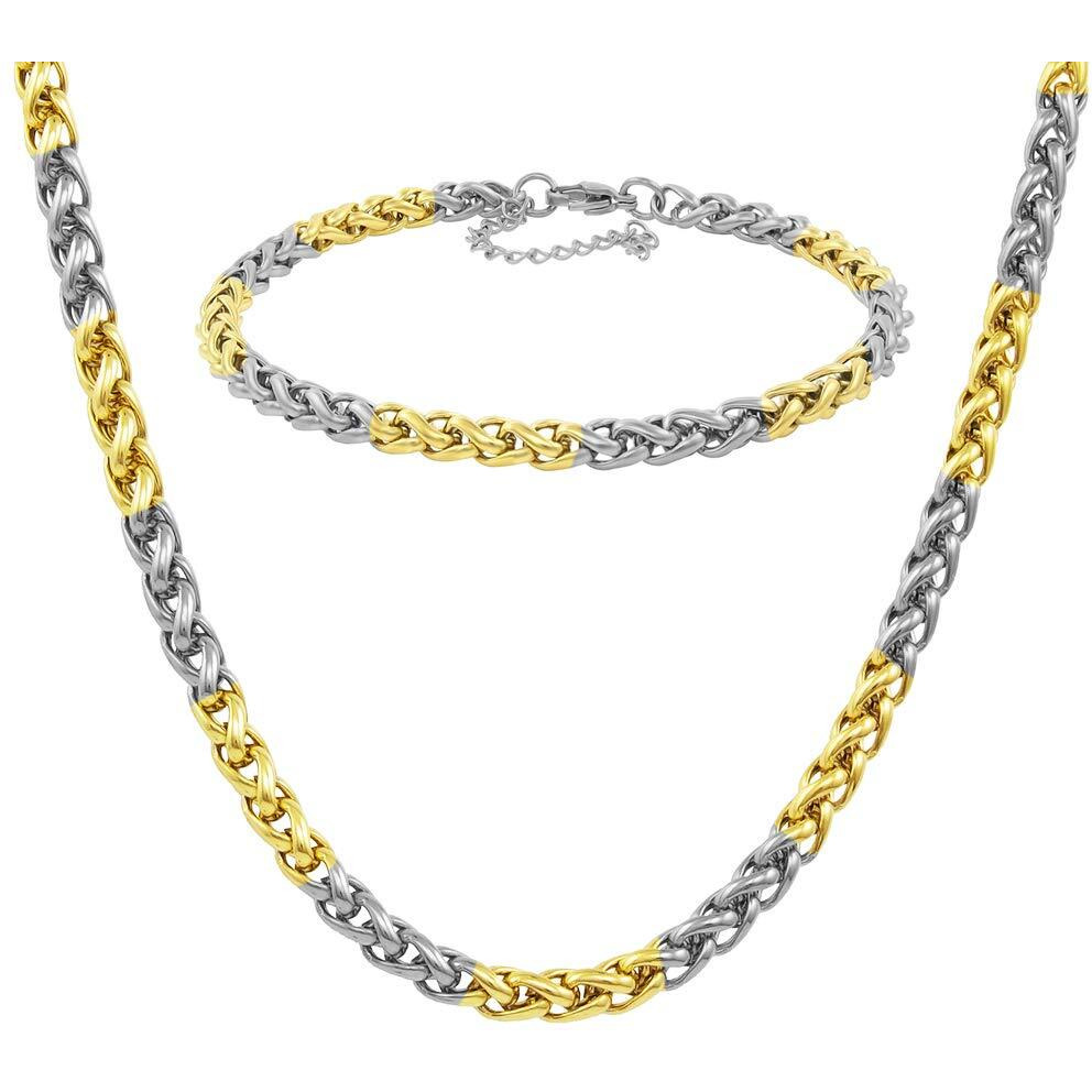 Nakabh Handmade Stainless Steel Chain Necklace Bracelet Combo for Men Boys (0301) Golden Silver Linked