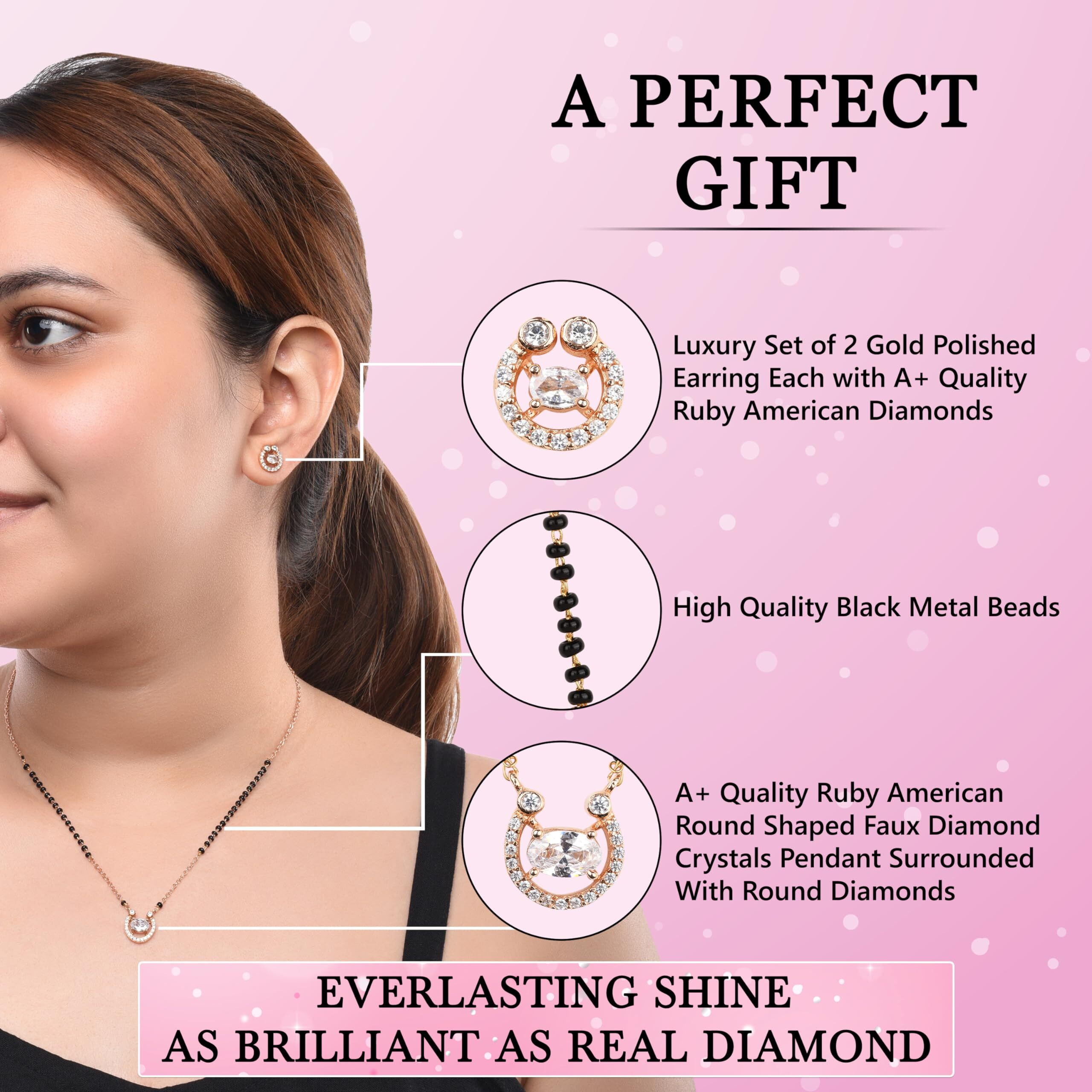 XPNSV Luxury Jewelry Gold Plated Pendant Gift Set Mangalsutra for Women, Girl & Her (Eternal Round American Diamond Mangalsutra With Earrings)