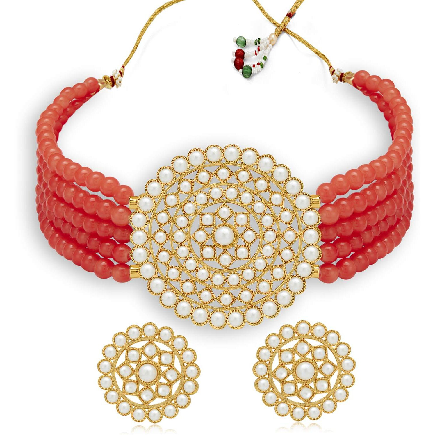 Sukkhi Exclusive Gold Plated Light Red Pearl Choker Necklace Set with Stud Earring for Women