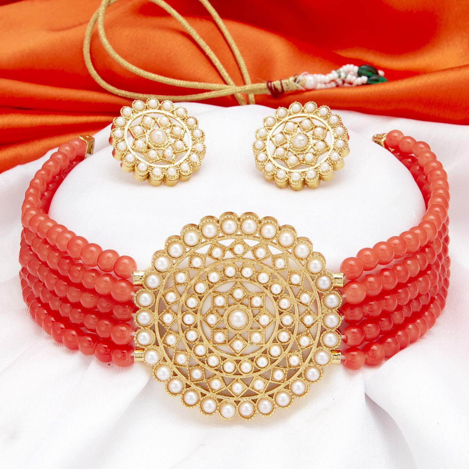 Sukkhi Exclusive Gold Plated Light Red Pearl Choker Necklace Set with Stud Earring for Women