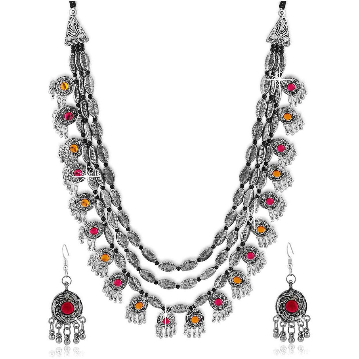 YouBella Fashion Jewellery Set for Women Antique Oxidised Silver Plated Tribal Jewellery Necklace Earring Set for Women & Girls.(Valentine Gift Special). (MULTI)