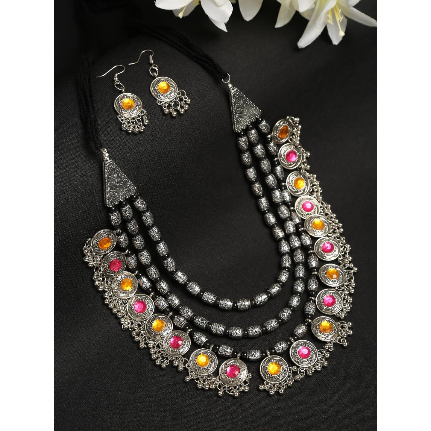 YouBella Fashion Jewellery Set for Women Antique Oxidised Silver Plated Tribal Jewellery Necklace Earring Set for Women & Girls.(Valentine Gift Special). (MULTI)