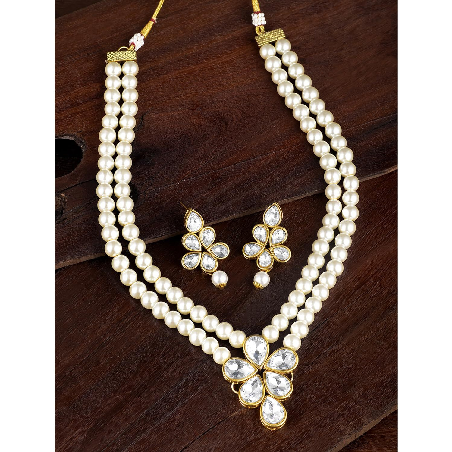 Peora Gold Plated Crystal Pearl Long Necklace with Drop Earrings Traditional Ethnic Jewellery Set for Women Girls