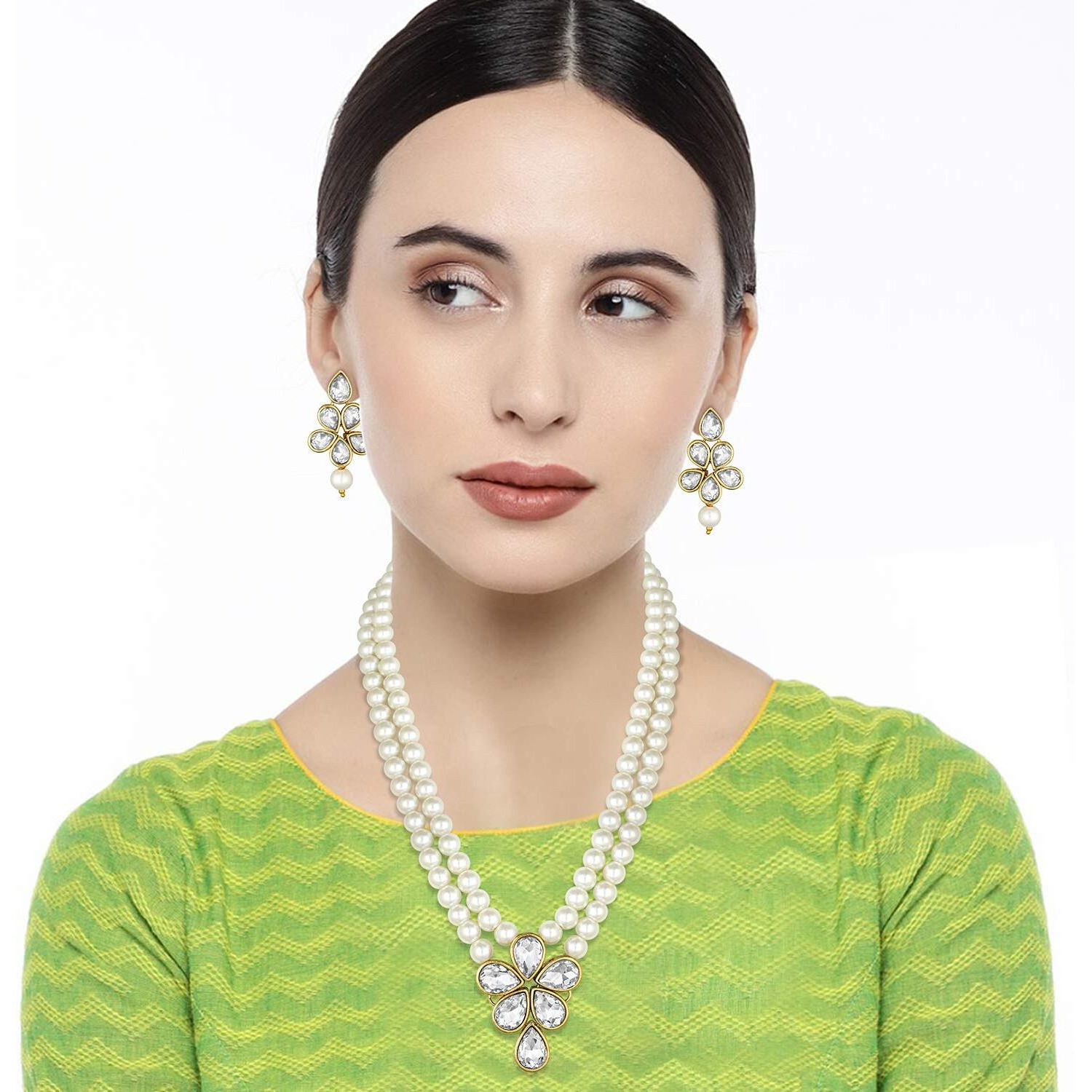 Peora Gold Plated Crystal Pearl Long Necklace with Drop Earrings Traditional Ethnic Jewellery Set for Women Girls