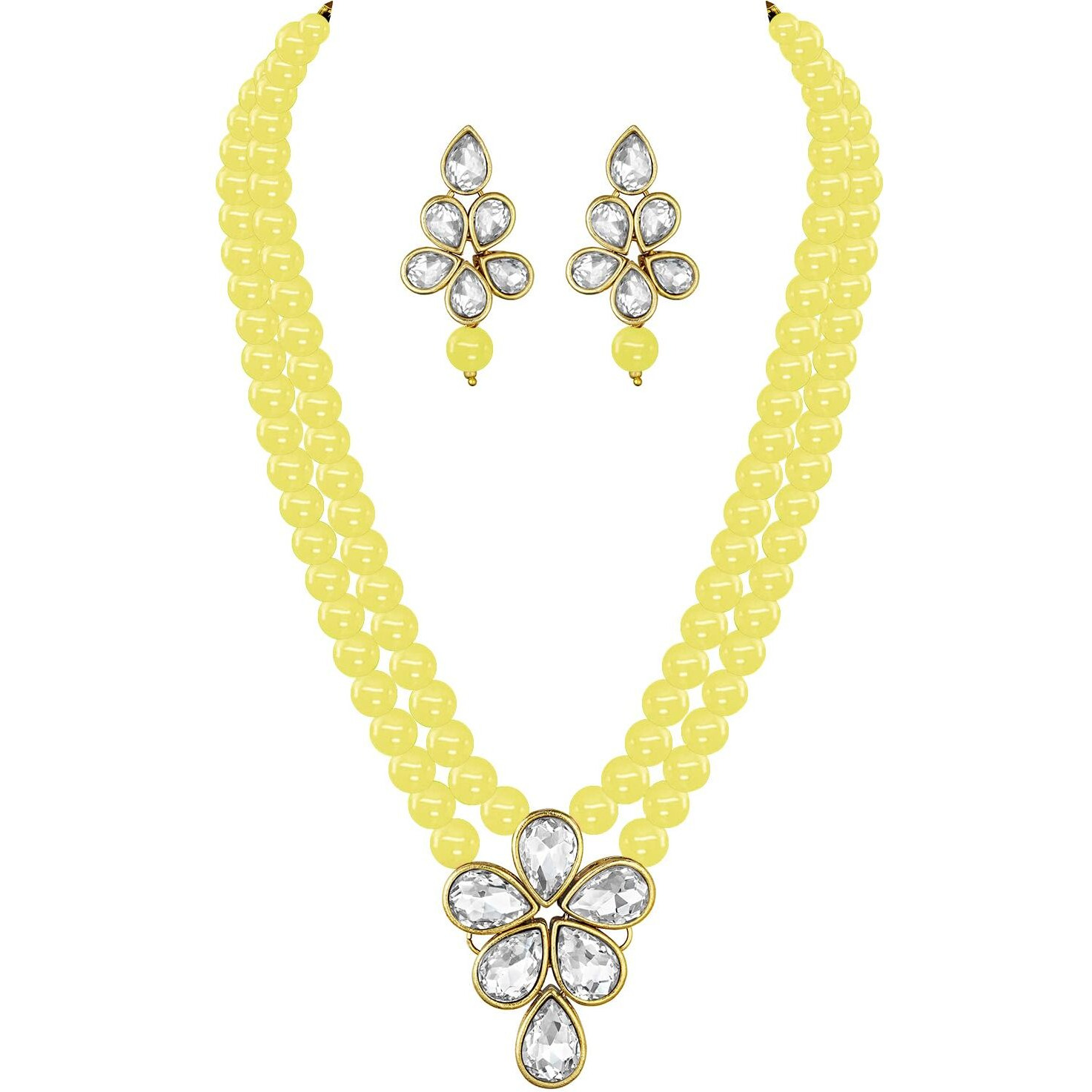 Peora Crystal Faux Pearl Long Necklace with Drop Earrings Traditional Ethnic Jewellery Set for Women & Girls (Yellow)