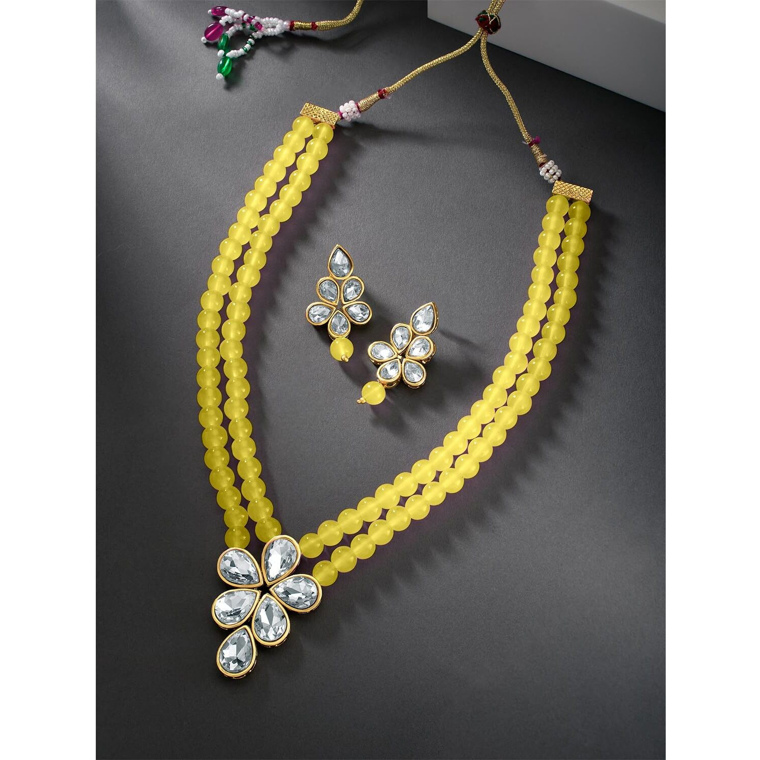 Peora Crystal Faux Pearl Long Necklace with Drop Earrings Traditional Ethnic Jewellery Set for Women & Girls (Yellow)