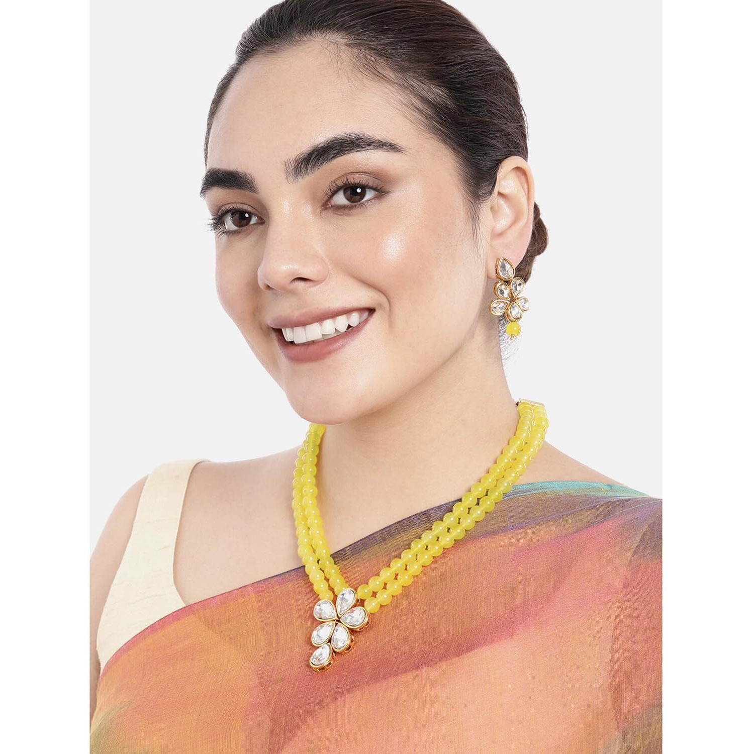 Peora Crystal Faux Pearl Long Necklace with Drop Earrings Traditional Ethnic Jewellery Set for Women & Girls (Yellow)