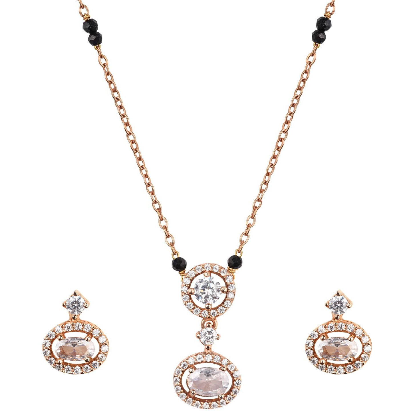 XPNSV Luxury Jewelry Gold Plated Pendant Gift Set Mangalsutra with Earring for Women, Girl & Her With American Diamond, Traditional Black Beads (Dual Round American Diamond Mangalsutra with Earrings)