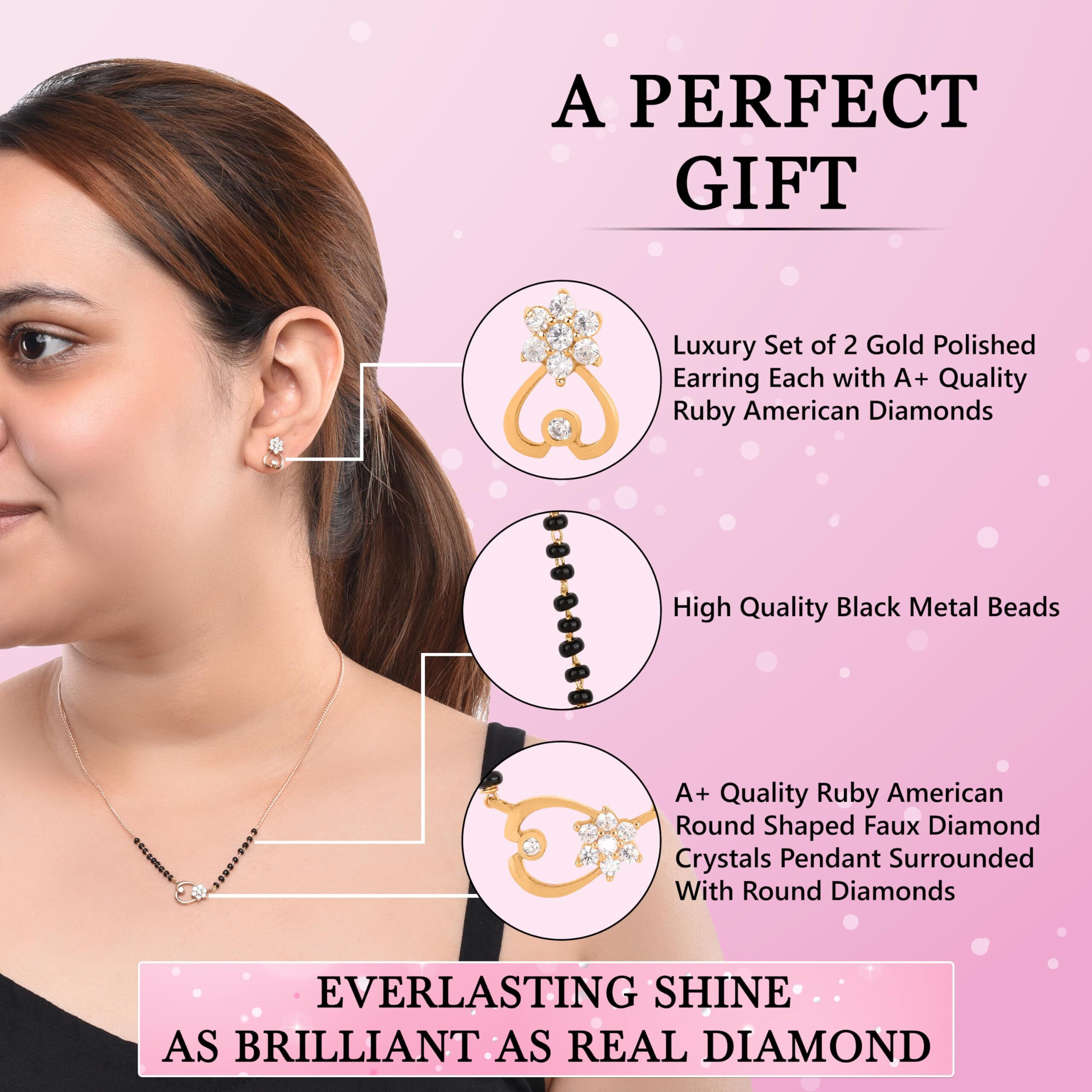 XPNSV Luxury Jewelry Gold Plated Pendant Gift Set Mangalsutra for Women, Girl & Her (Floral Heart American Diamond Mangalsutra with Earrings)