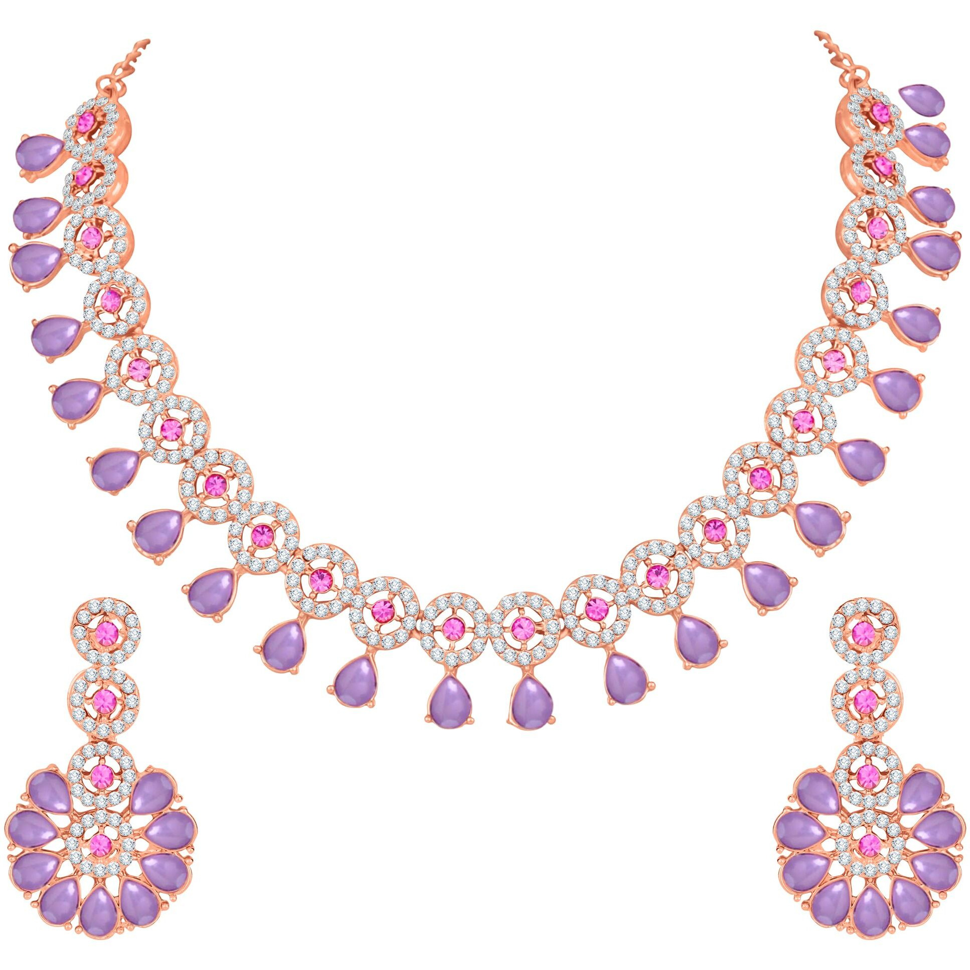 Atasi International Rose Gold Purple Crystal American Diamond Necklace Jewellery Set With Earrings For Womens (Pu5555)