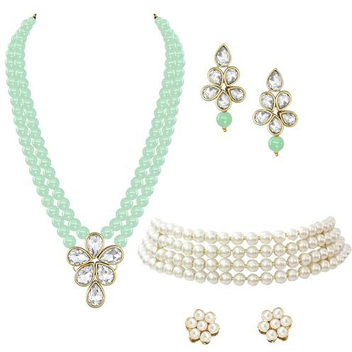 Peora Gold Plated Crystal Pearl Long Necklace with Drop Earrings Traditional Ethnic Jewellery Set for Women Girls | Mint Green & White