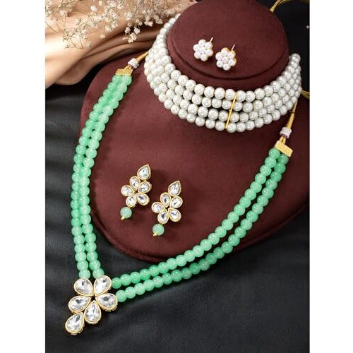 Peora Gold Plated Crystal Pearl Long Necklace with Drop Earrings Traditional Ethnic Jewellery Set for Women Girls | Mint Green & White