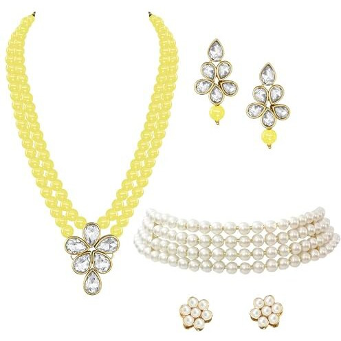 Peora Gold Plated Crystal Pearl Long Necklace with Drop Earrings Traditional Ethnic Jewellery Set for Women Girls | Yellow & White