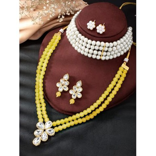 Peora Gold Plated Crystal Pearl Long Necklace with Drop Earrings Traditional Ethnic Jewellery Set for Women Girls | Yellow & White