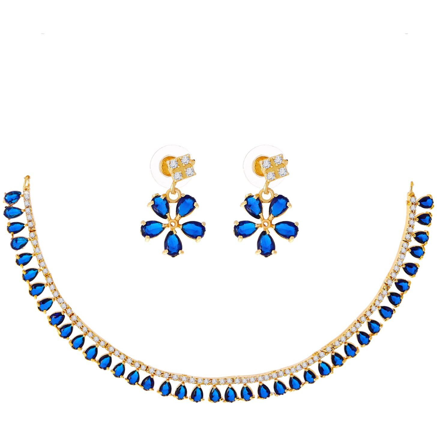 ZENEME Gold Plated American Diamond Necklace with Earrings for Women & Girls (Blue)