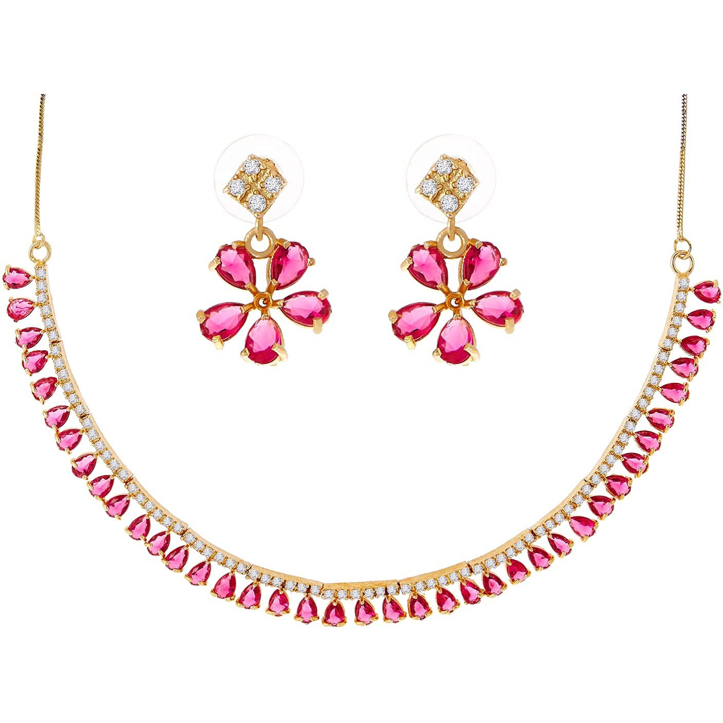 ZENEME Gold Plated American Diamond Necklace with Earrings Jewellery for Women & Girls (Pink)