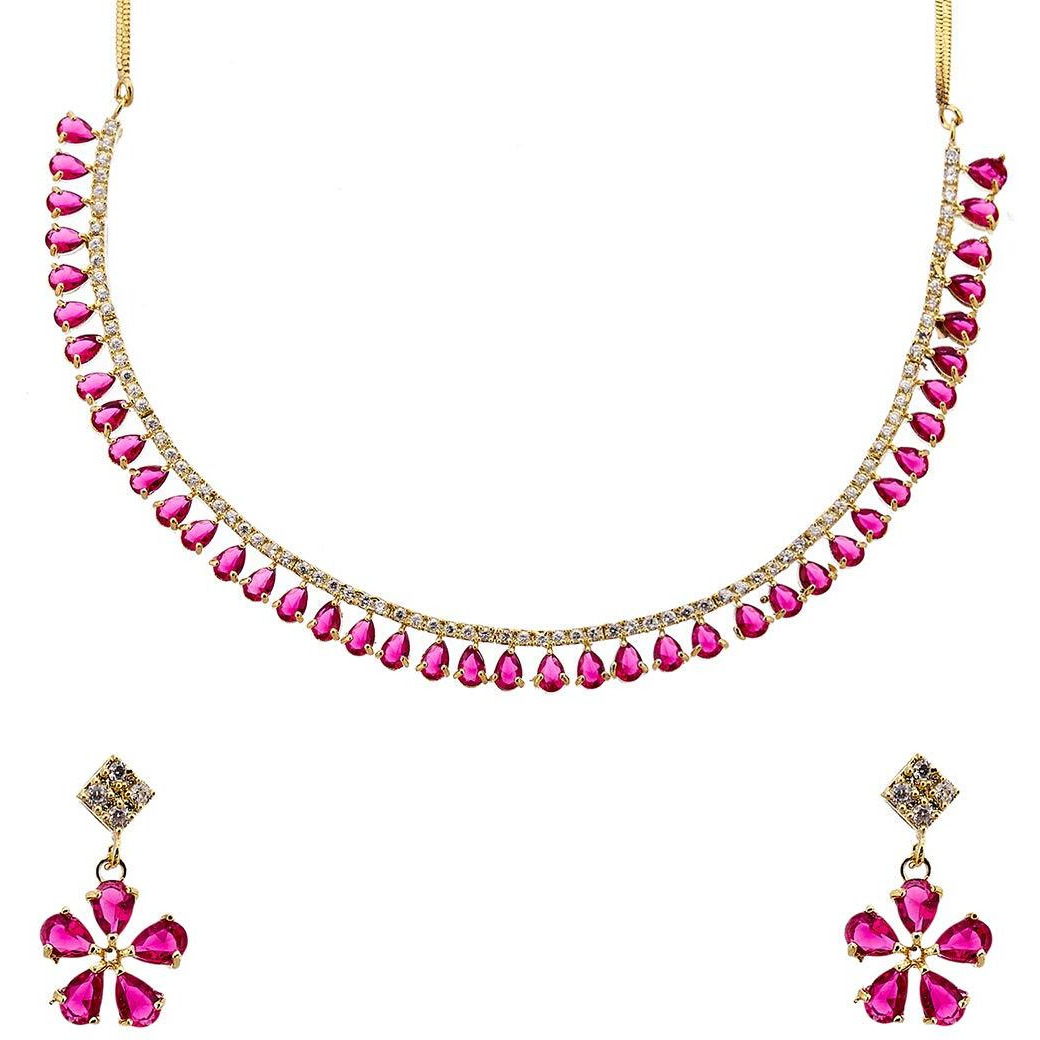 ZENEME Gold Plated American Diamond Necklace with Earrings Jewellery for Women & Girls (Pink)