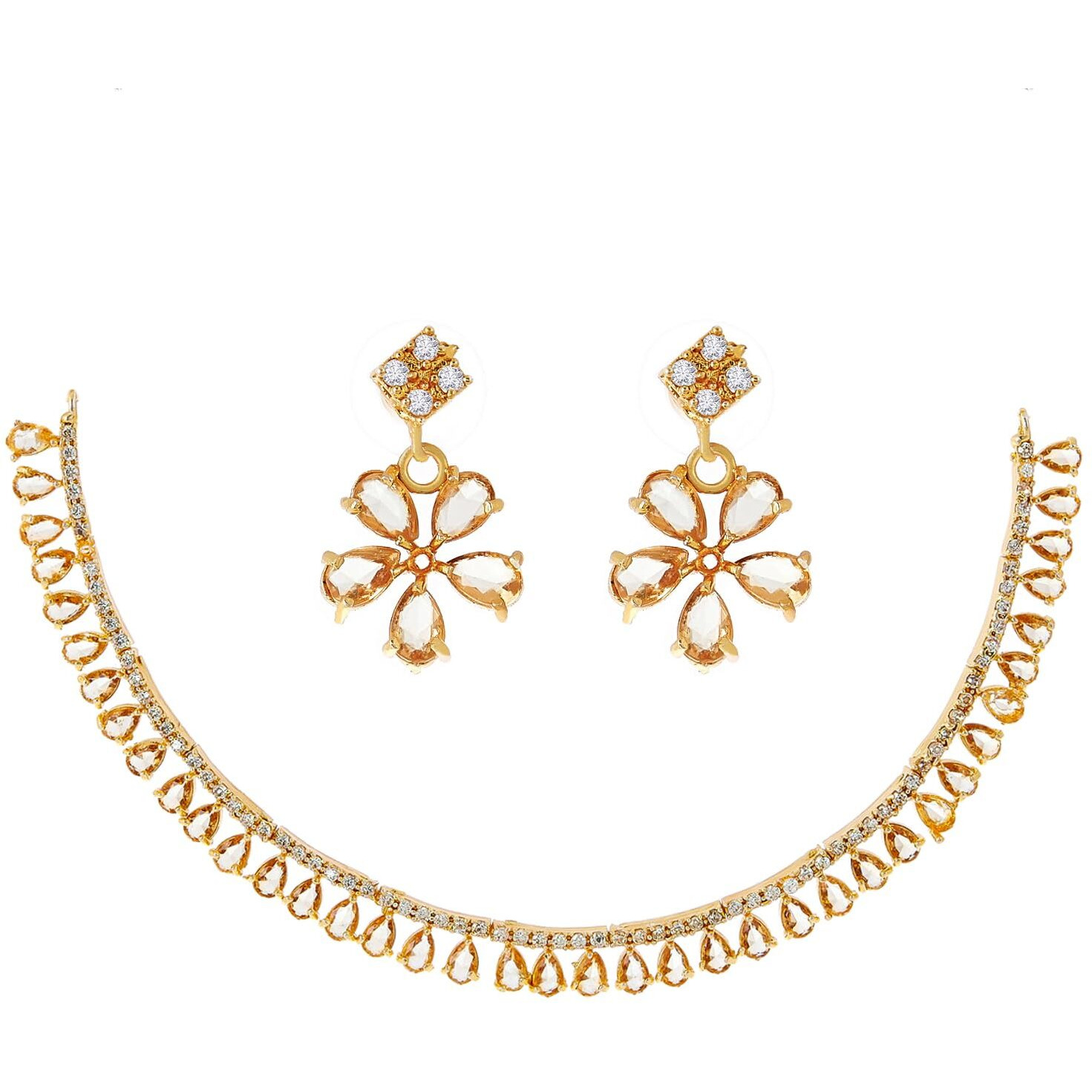 ZENEME Gold Plated American Diamond Necklace with Earrings Jewellery for Women & Girls (Sampen)