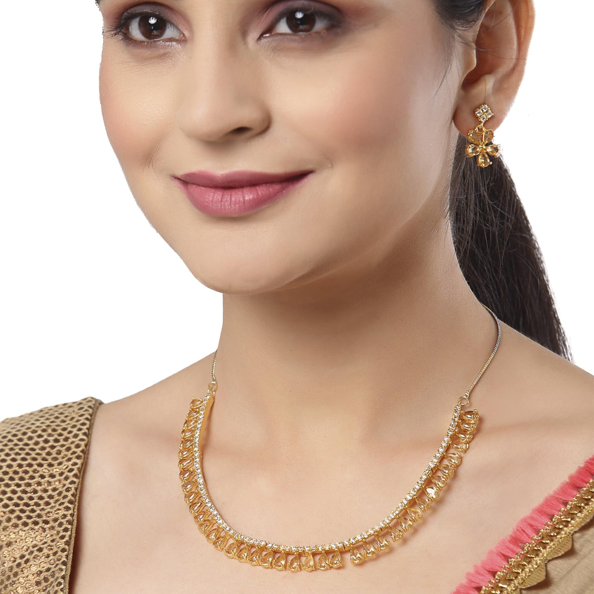 ZENEME Gold Plated American Diamond Necklace with Earrings Jewellery for Women & Girls (Sampen)