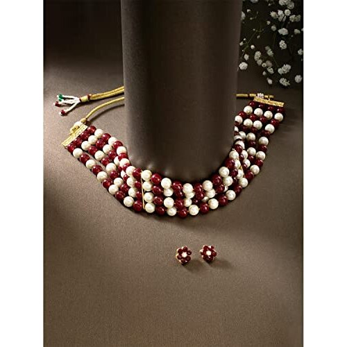 Peora Faux Pearl Beaded Choker Necklace with Stud Earrings Traditional Jewellery Set For Women & Girls (Maroon White)