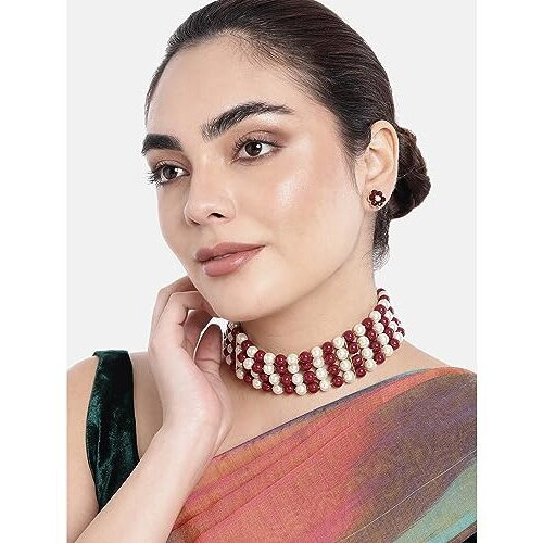 Peora Faux Pearl Beaded Choker Necklace with Stud Earrings Traditional Jewellery Set For Women & Girls (Maroon White)