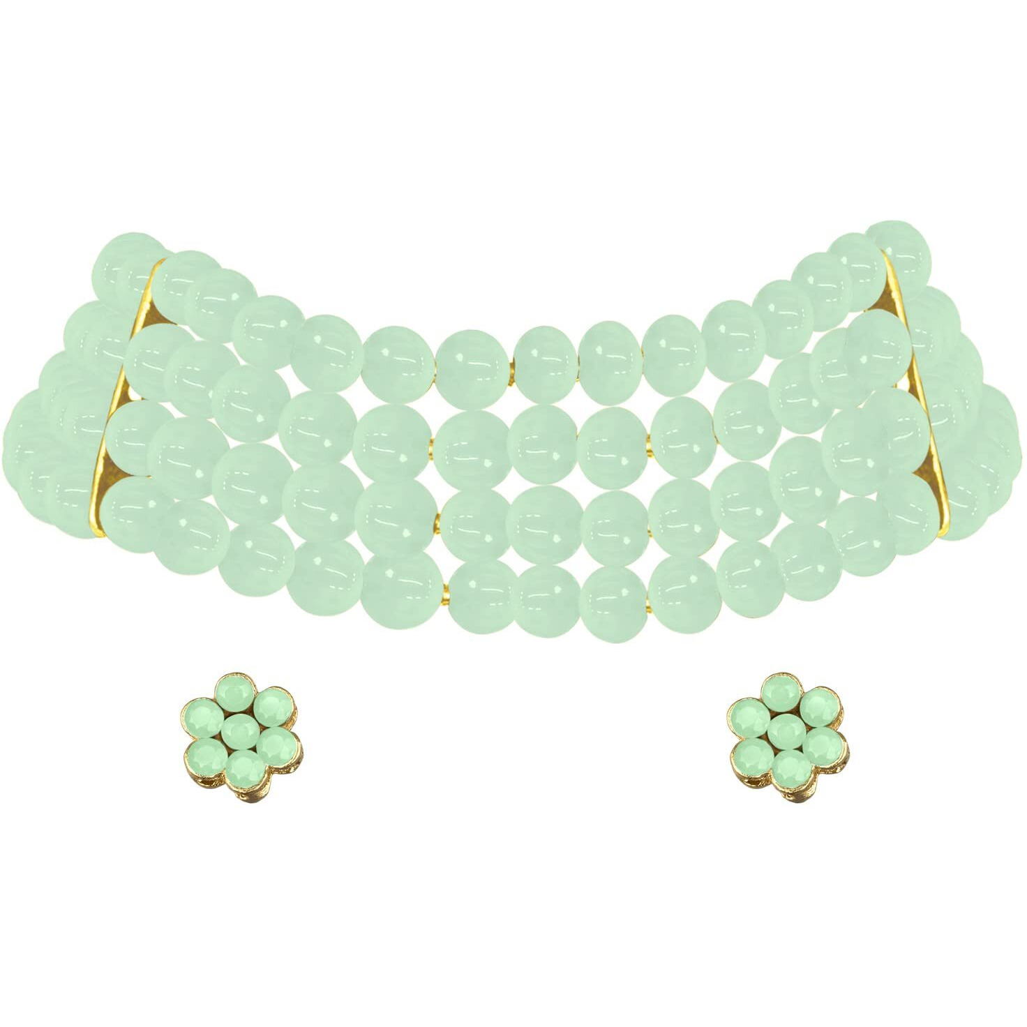 Peora Faux Pearl Beaded Choker Necklace with Stud Earrings Traditional Jewellery Set For Women & Girls (Mint)