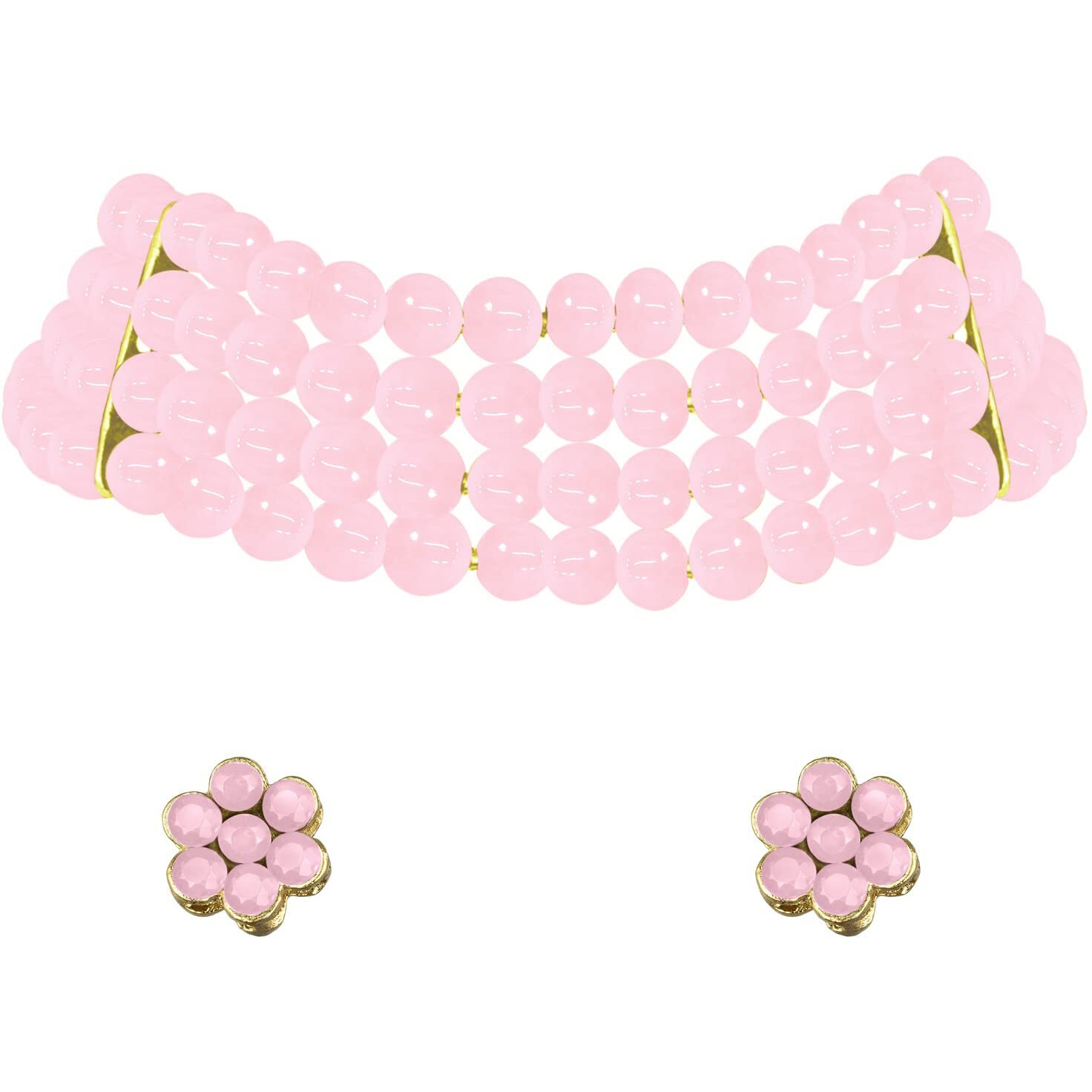 Peora Faux Pearl Beaded Choker Necklace with Stud Earrings Traditional Jewellery Set For Women & Girls (Pink)