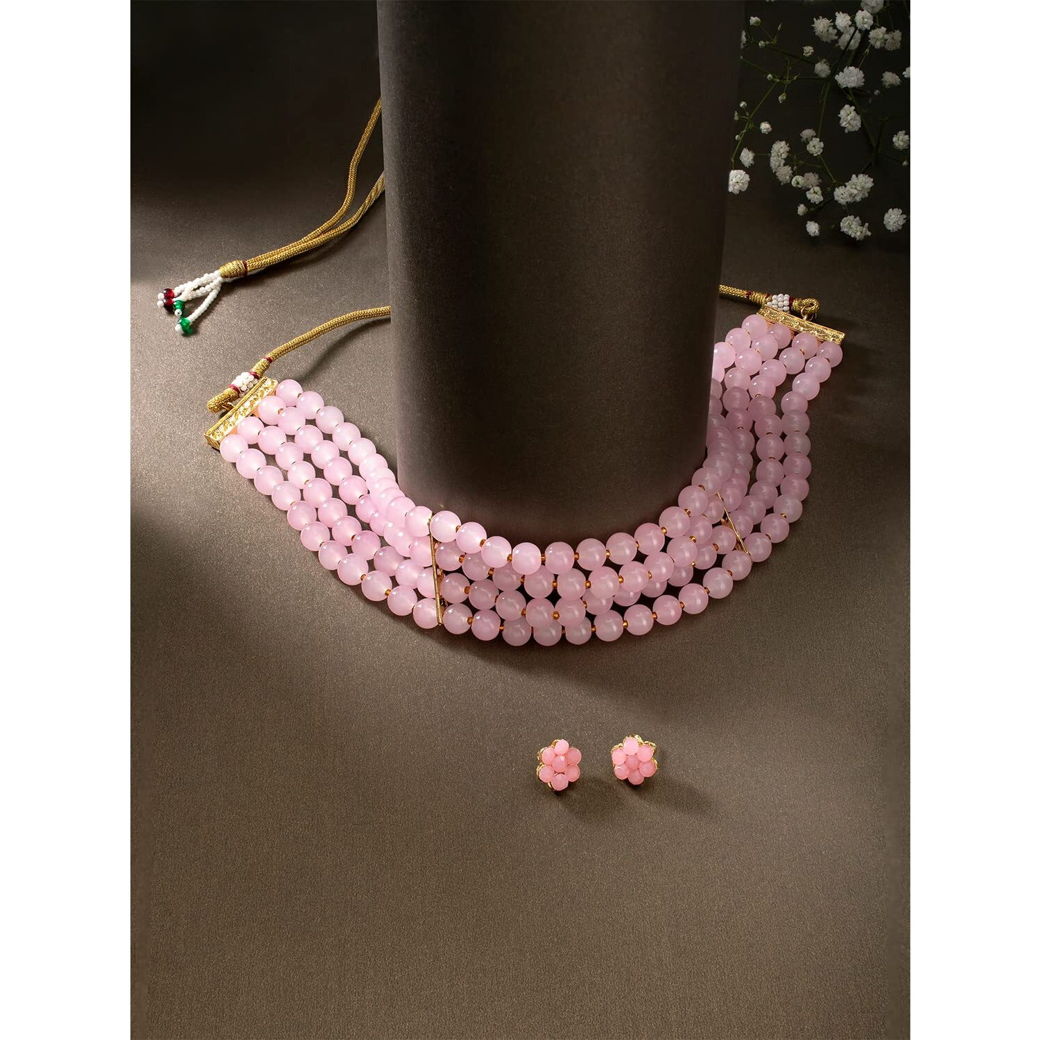 Peora Faux Pearl Beaded Choker Necklace with Stud Earrings Traditional Jewellery Set For Women & Girls (Pink)