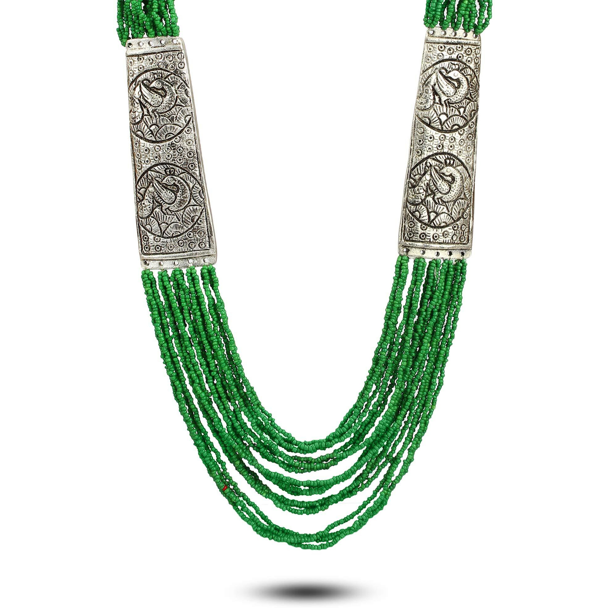 YouBella Fashion Jewellery Antique German Silver Oxidised Plated Tribal Cotton Thread Jewellery Necklace Earring Set for Women & Girls.(Valentine Gift Special). (GREEN)