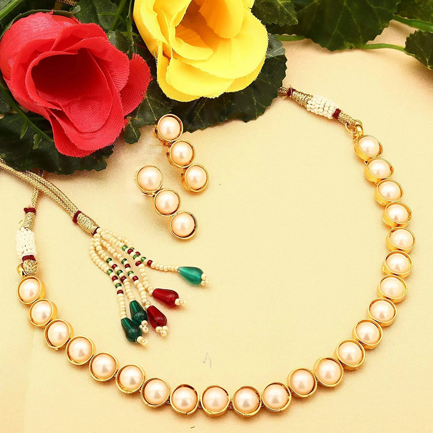 Peora Gold Plated White Choker Necklace with Drop Earrings Traditional Jewellery Set for Women Girls