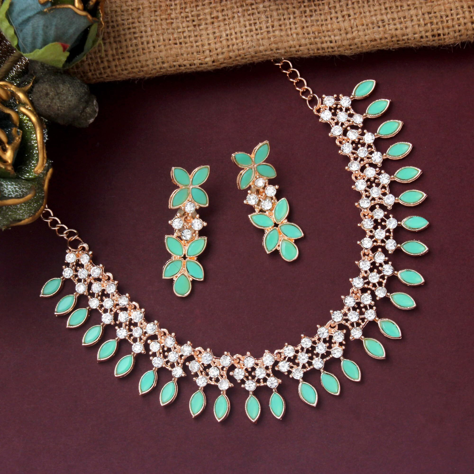 Atasi International Gold Plated Mint Green Color Crystal Necklace Jewellery Set with Earrings for Women Ideal for Party, Wedding, Festivals (GN5775)