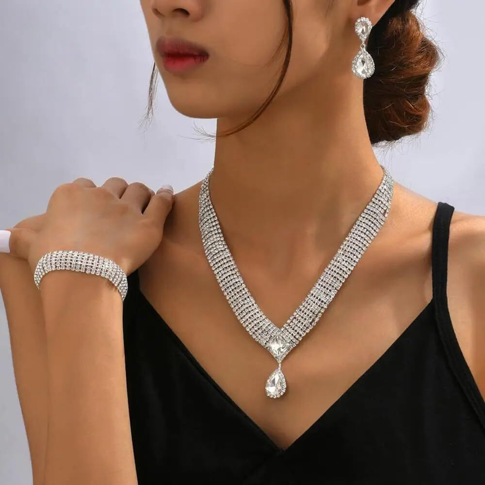 Shining Diva Fashion Latest Stylish Design Fancy Crystal Diamond Necklace Jewellery Set for Women (15797s)