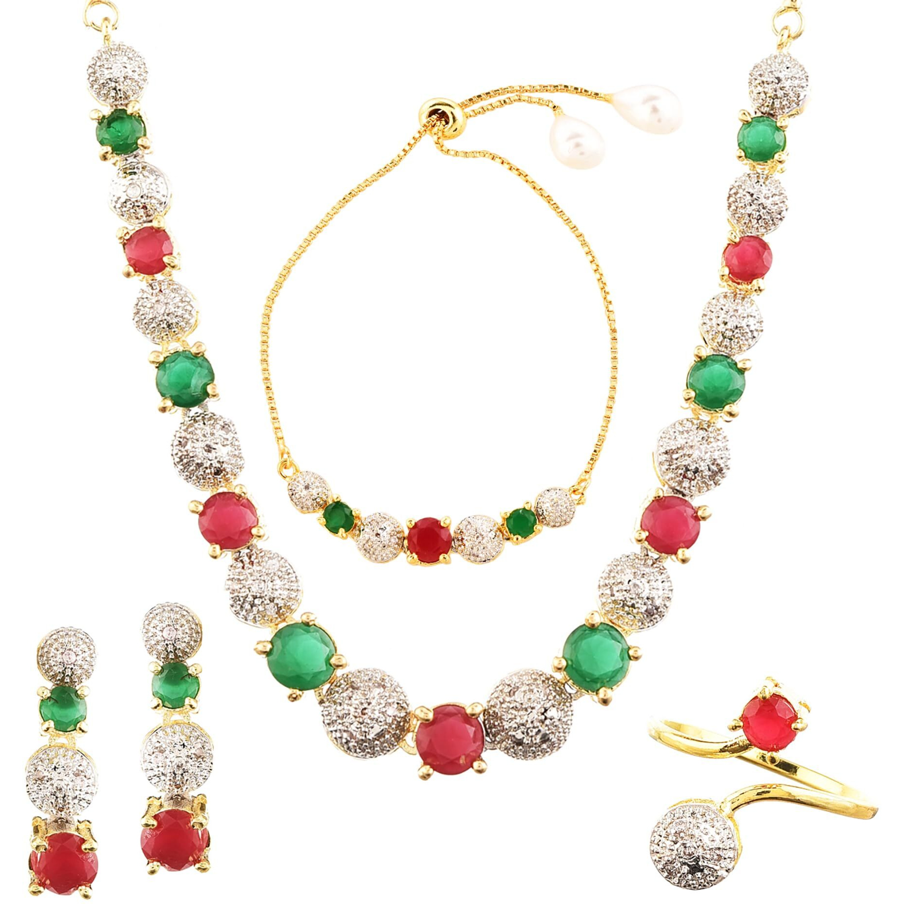 ZENEME American Diamond Traditional Stylish Fashion Jewellerry Combo of Necklace Pendant Set With Ring Bracelet Earring for Women and Girls (Red & Green)