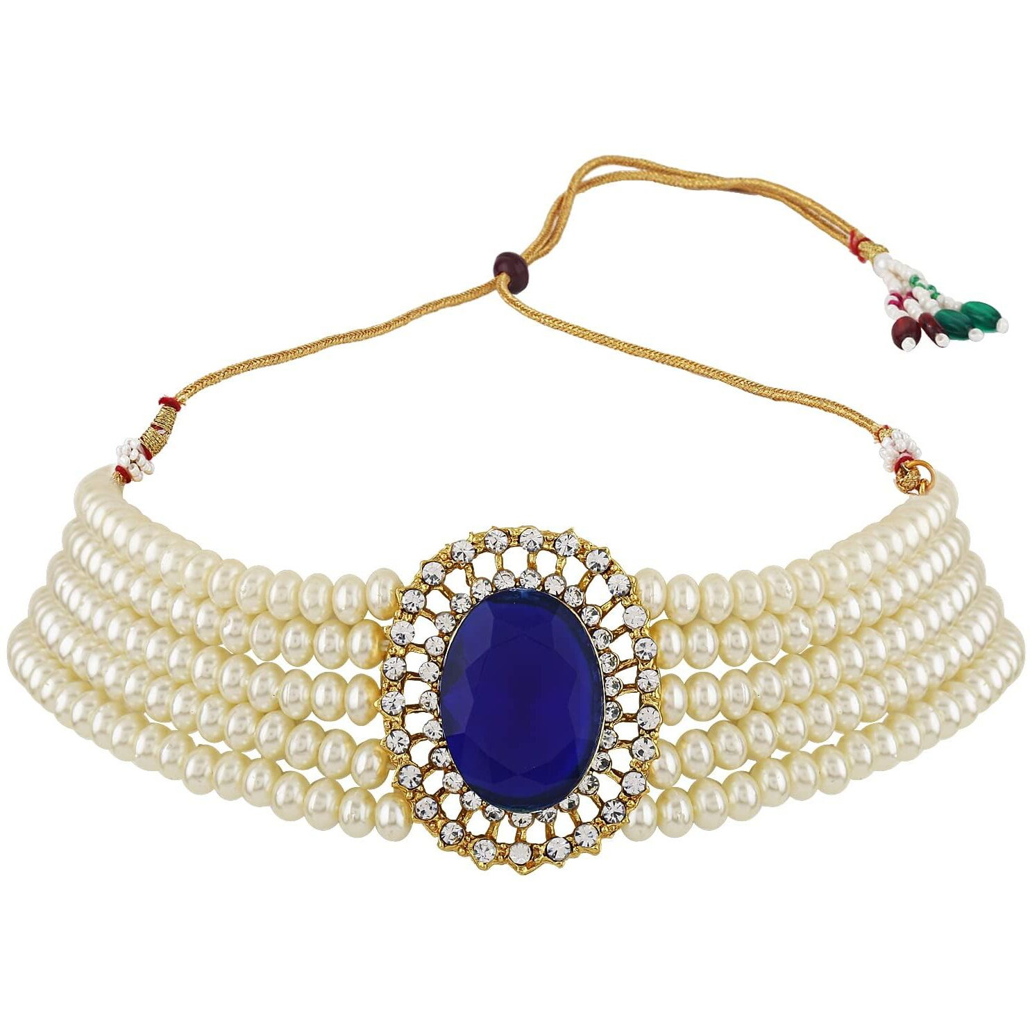 I Jewels Gold Plated Traditional Stone Studded Pearl Choker Necklace Jewellery Set For Women/Girls (ML316) (Blue)