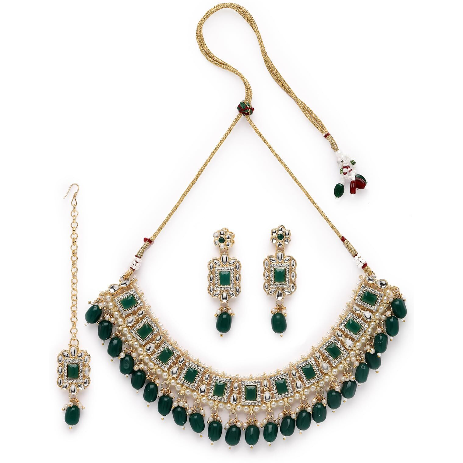 Sukkhi Glitzy Gold Plated Green AD Stones & Beads Collar Bone Necklace Set With Earring And Maangtika | Jewellery Set For Women (NS105506)