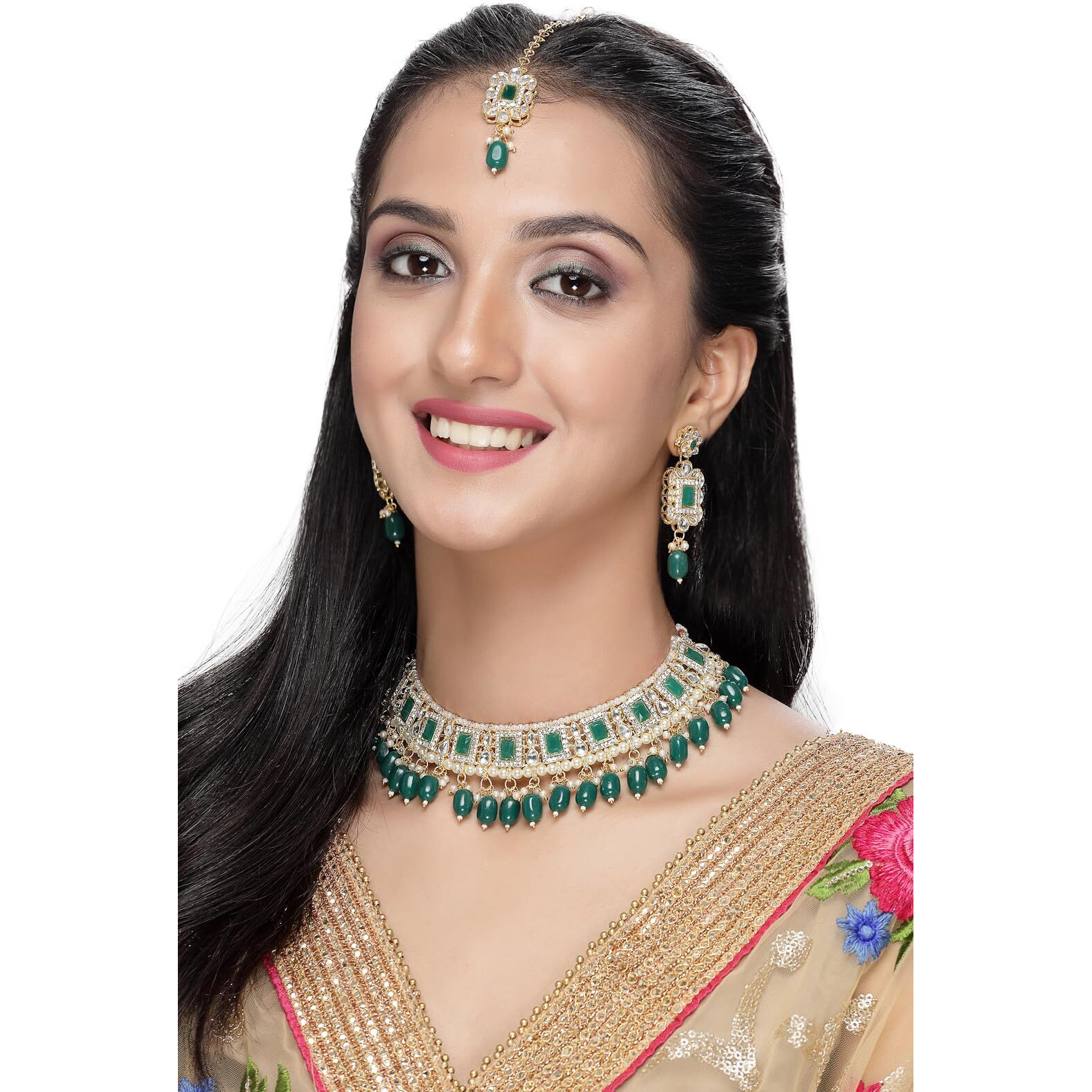 Sukkhi Glitzy Gold Plated Green AD Stones & Beads Collar Bone Necklace Set With Earring And Maangtika | Jewellery Set For Women (NS105506)