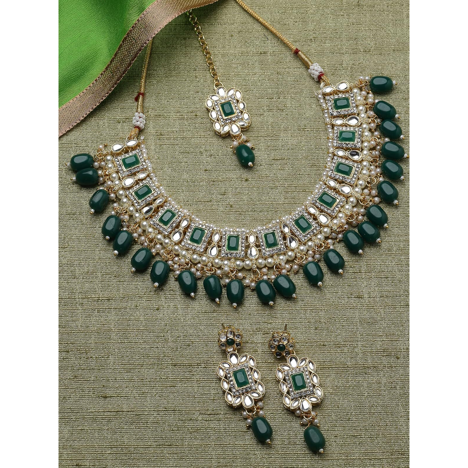 Sukkhi Glitzy Gold Plated Green AD Stones & Beads Collar Bone Necklace Set With Earring And Maangtika | Jewellery Set For Women (NS105506)