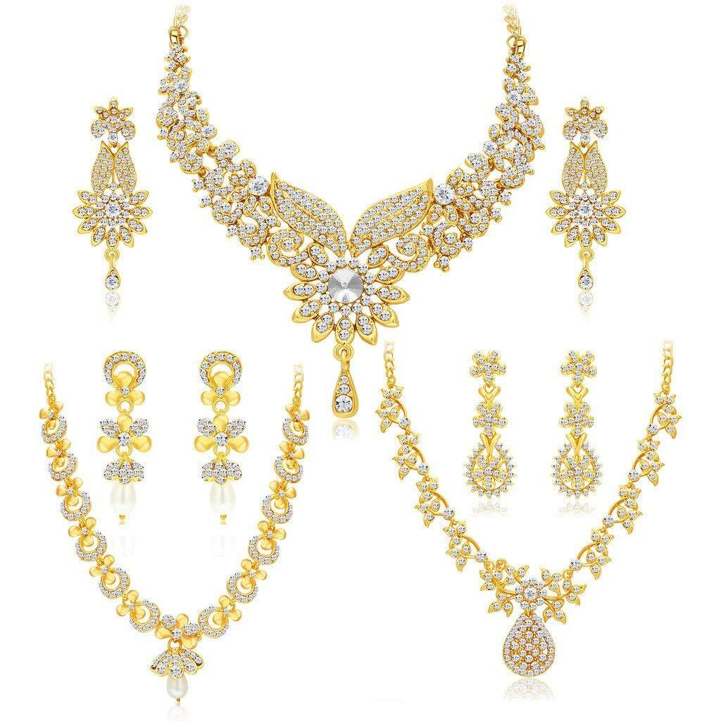 Sukkhi Dazzling Gold Plated Austrian Diamond Choker Necklace Set Combo For Women (413CB1900)