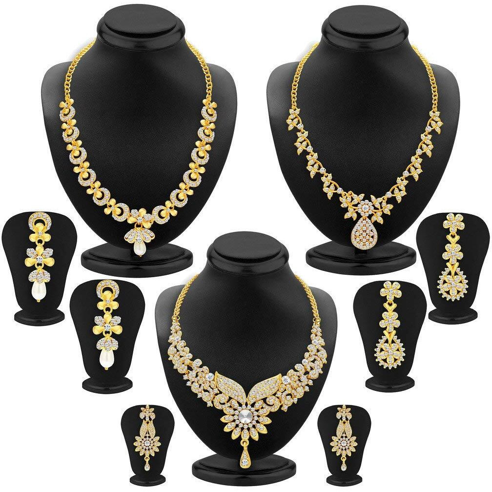 Sukkhi Dazzling Gold Plated Austrian Diamond Choker Necklace Set Combo For Women (413CB1900)