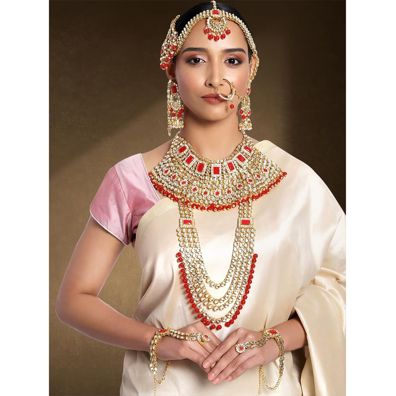 Peora Ethnic Traditional Gold Plated Kundan Dulhan Bridal Jewellery Set with Choker Earrings Maang Tikka Hathphool Set for Women