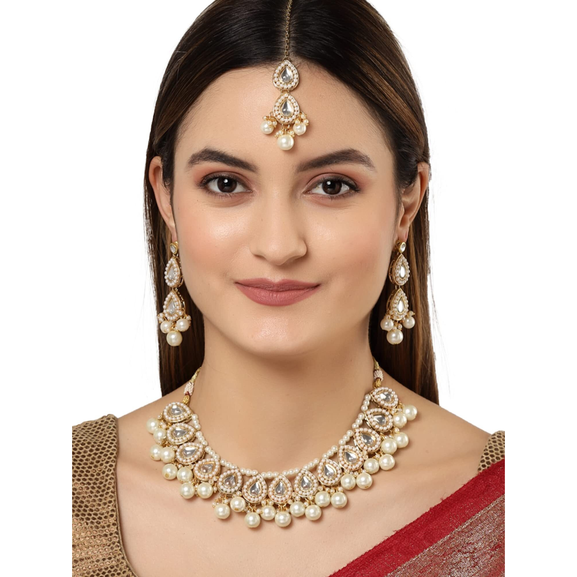 Karatcart Gold Plated Pearl and Drop Kundan Studded Choker Necklace Setfor Women