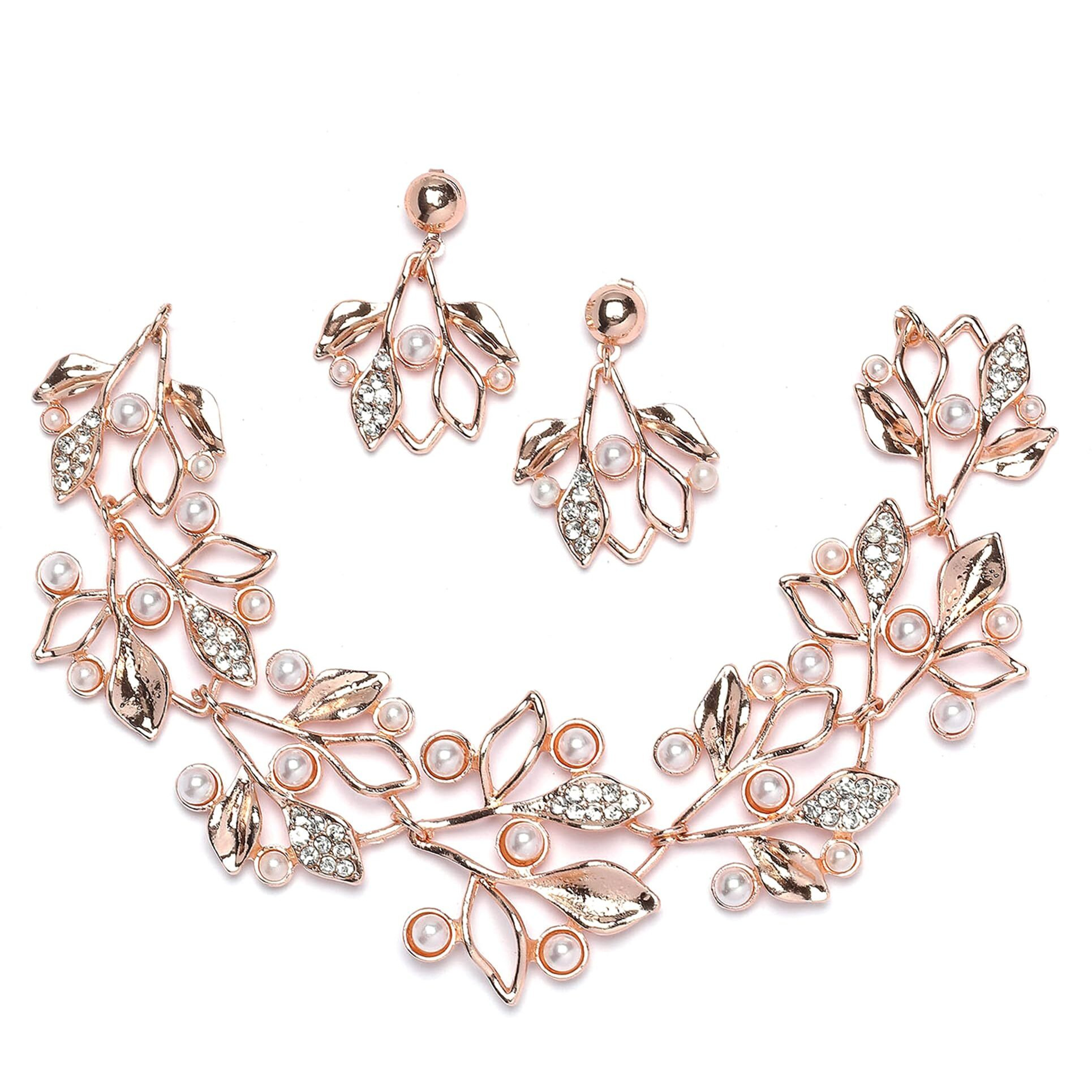 ZENEME Oxidised Silver-Plated Cubic Zirconia & White Pearls Studded Leaf Shaped Necklace With Earrings Jewellery Set For Girls and Women (Rose Gold White)