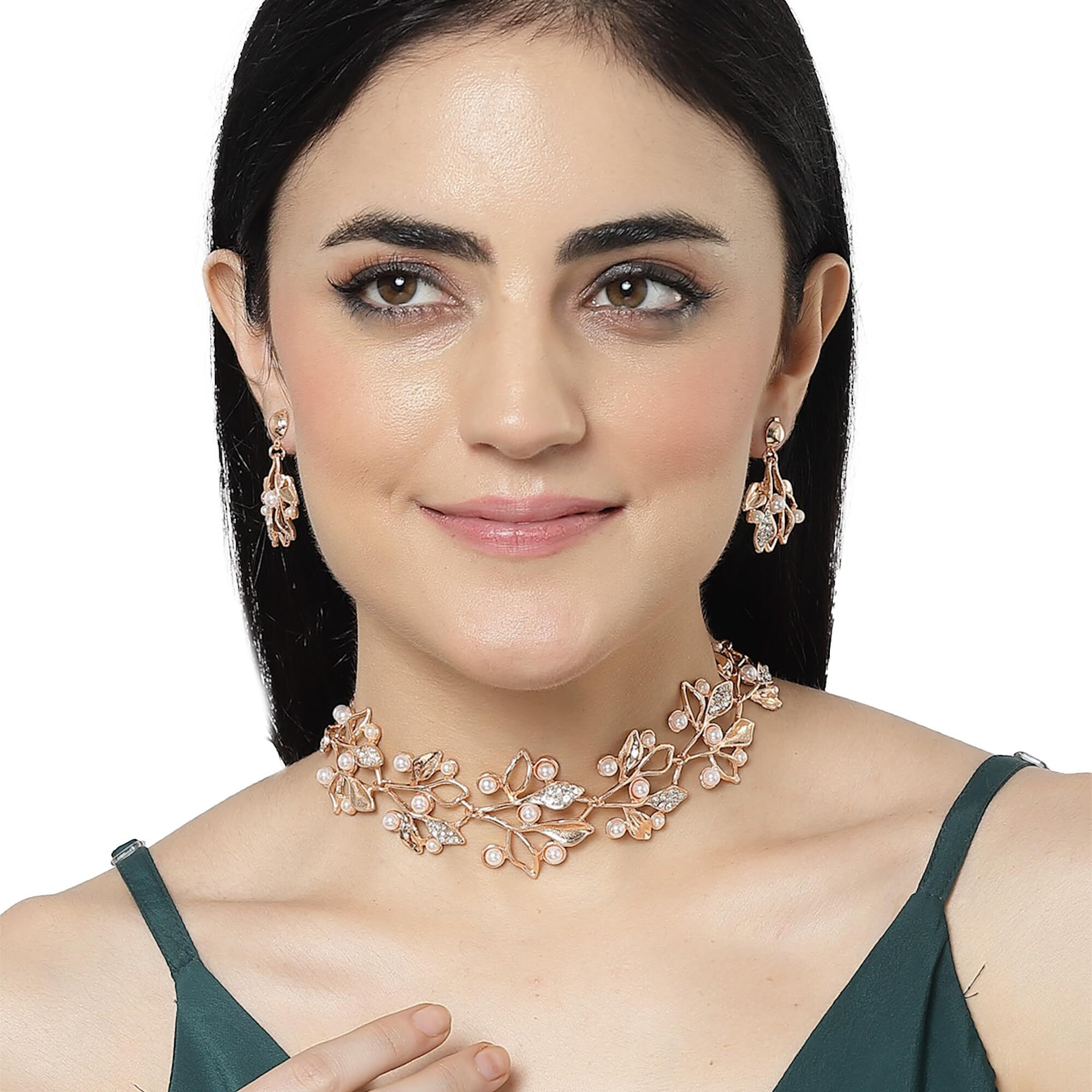 ZENEME Oxidised Silver-Plated Cubic Zirconia & White Pearls Studded Leaf Shaped Necklace With Earrings Jewellery Set For Girls and Women (Rose Gold White)