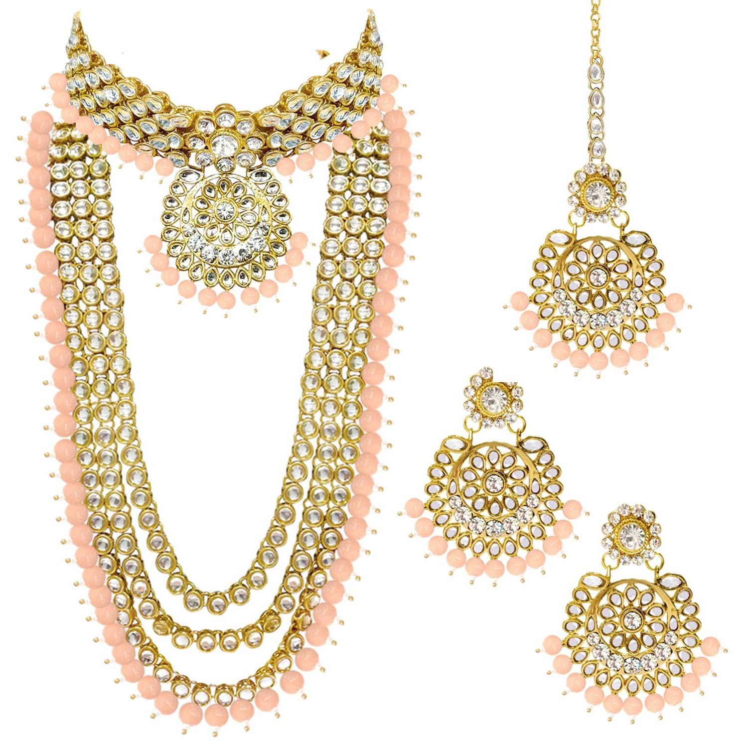 Peora 18K Gold Plated Kundan Faux Bead Bridal Necklace Jewellery Set for Women Girls (Peach)